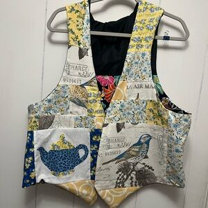 Colorful Patchwork Vest with Bird and Teapot Design